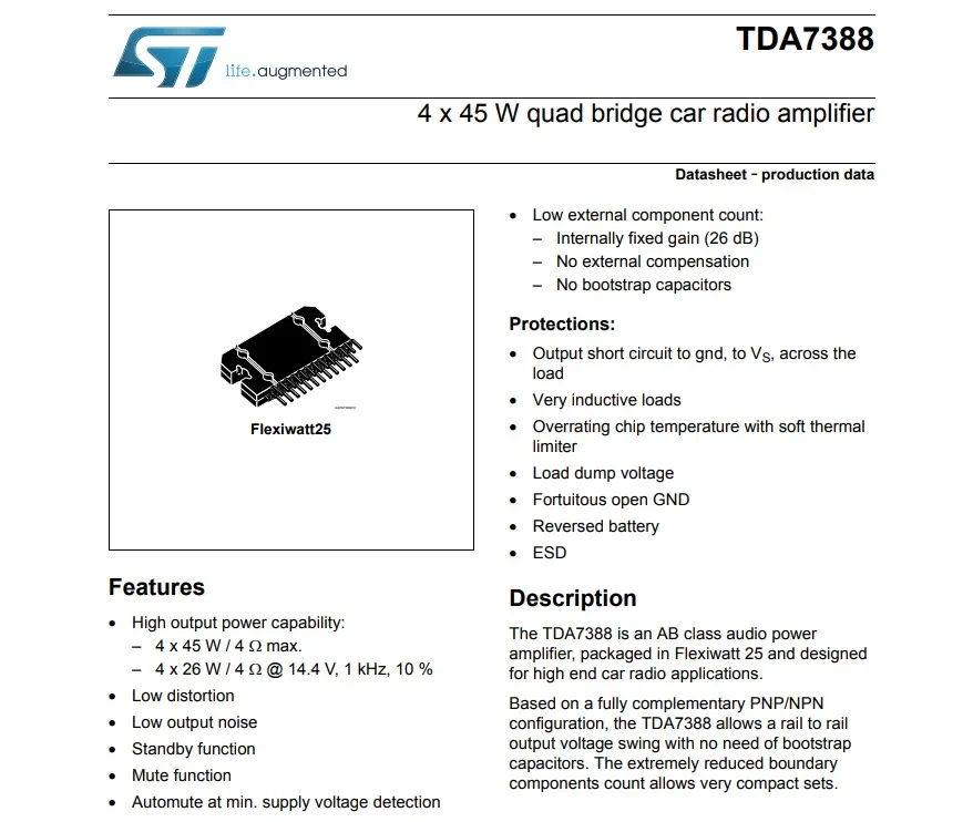 TDA7388 ST 4X45 W Quad Bridge Car Radio Amplifier